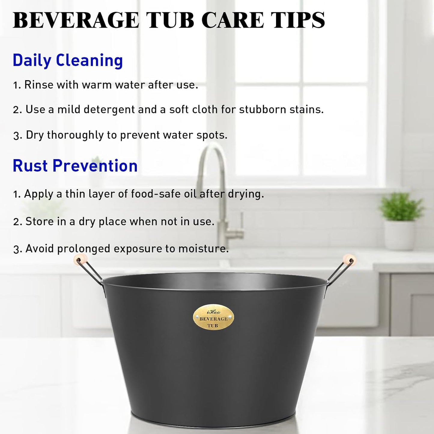 5.5 Gallon Large Beverage Tubs for Parties, 21L Galvanized Ice Bucket with Wooden Handles for Beer, Wine, Cocktails & Outdoor Events -Black