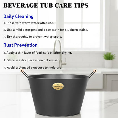 5.5 Gallon Large Beverage Tubs for Parties, 21L Galvanized Ice Bucket with Wooden Handles for Beer, Wine, Cocktails & Outdoor Events -Black