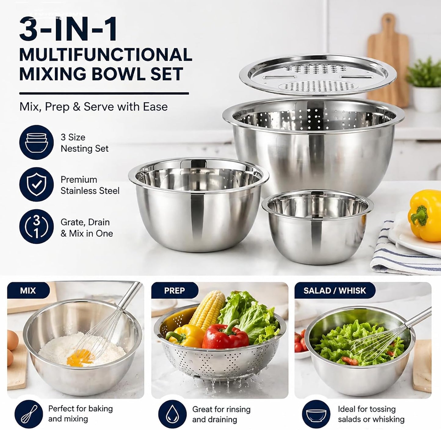3 in 1 Stainless Steel Mixing Bowls Set - Multifunctional Colander with Grater & Vegetable Slicer, Stackable Kitchen Strainer Drain Basket for Rinsing, Washing, Mixing & Food Prep, Food Grade, 3Pcs