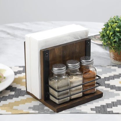 MyGift 2-in-1 Acrylic Napkin Holder with Salt and Pepper Shakers, Metal Vintage Scrollwork Dinner Table Paper Towel Condiment Holder with Rustic Solid Wood Base (Premium Clear Acrylic)