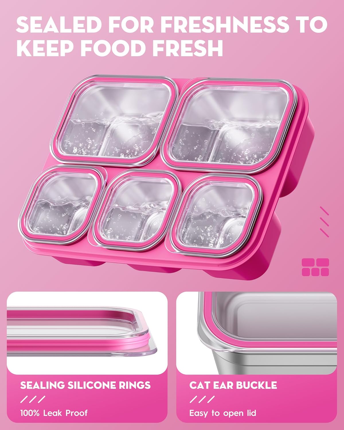 BiuLeon Snackle Box Containers, Stainless Steel 5 Compartments Divided Serving Tray with Lid, Removable LeakProof Portable Bento Box for Fruit Candy Nuts Food - School, Picnic and Travel（Blue）