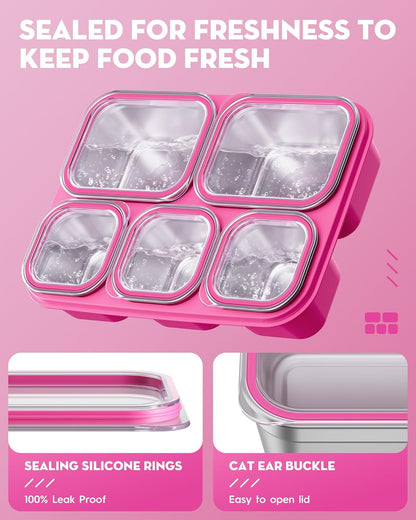 BiuLeon Snackle Box Containers, Stainless Steel 5 Compartments Divided Serving Tray with Lid, Removable LeakProof Portable Bento Box for Fruit Candy Nuts Food - School, Picnic and Travel（Blue）