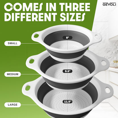 Gevoli 3-Pack Collapsible Colanders with Self-Draining Base, Over Sink-edge Silicone Food Strainers, Small/Med/Large Sizes, Nesting for Easy Compact Storage (3Qt, 4Qt, 5-Quart Set) Green/Gray