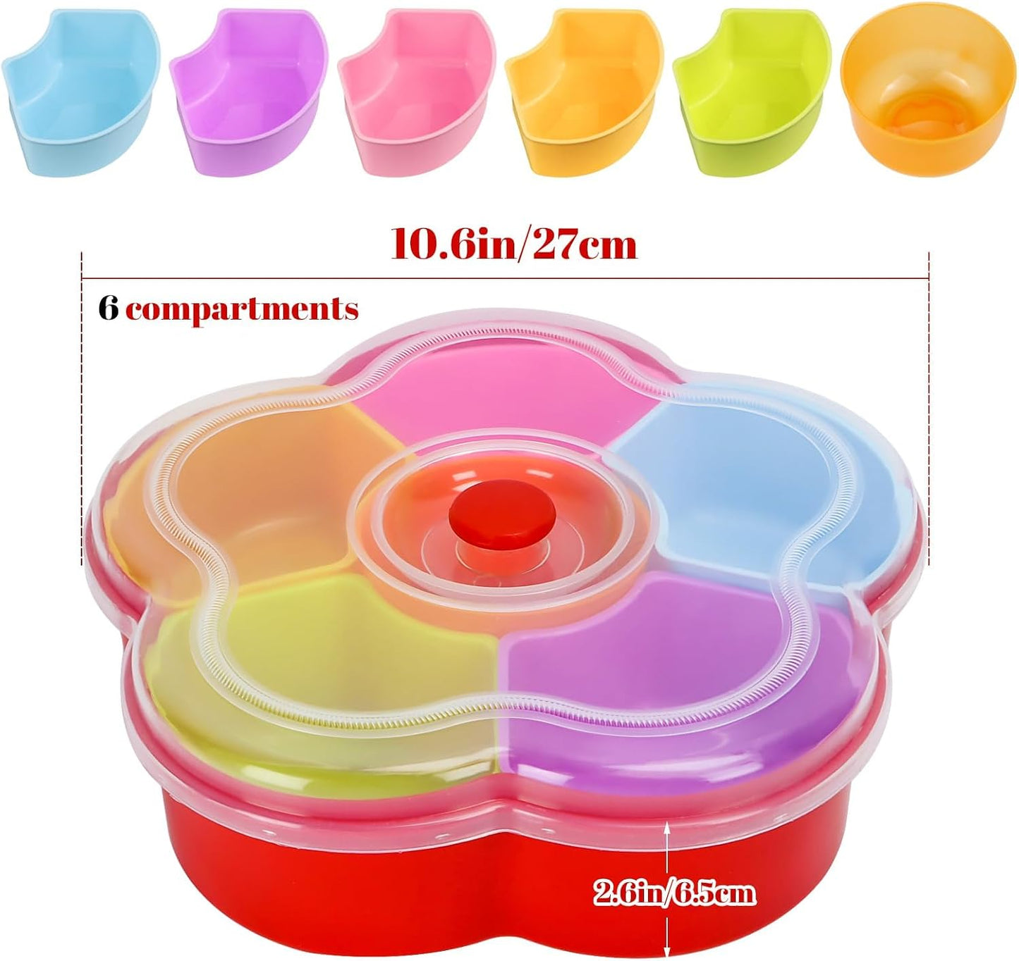 Divided Snack Serving Tray with Lid, Reusable Veggie Tray Snackle Box Container, Colored Flower Shaped Fruit Trays Large, Candy and Nut Snack Tray Appetizer Platter for Party, Travel