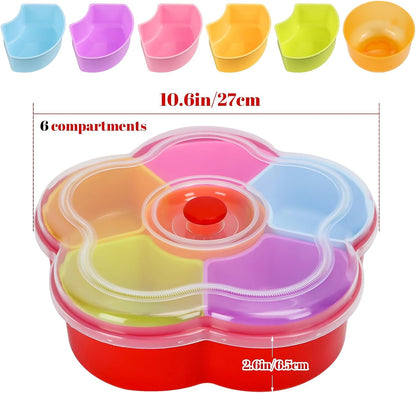 Divided Snack Serving Tray with Lid, Reusable Veggie Tray Snackle Box Container, Colored Flower Shaped Fruit Trays Large, Candy and Nut Snack Tray Appetizer Platter for Party, Travel