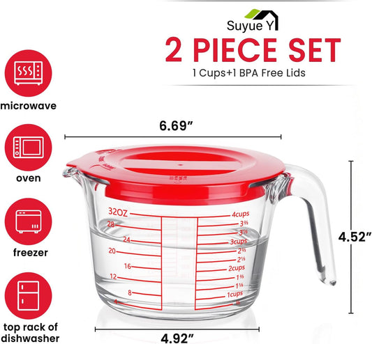Measuring Cup 4 Cup/1000ML Glass liquid Measuring Cups with Lids