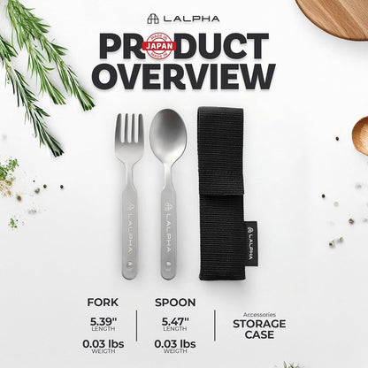 Ultra-Lightweight Titanium Cutlery Set - Made in Tsubame-Sanjo, Includes Spoon and Fork with Storage Case for Backpacking