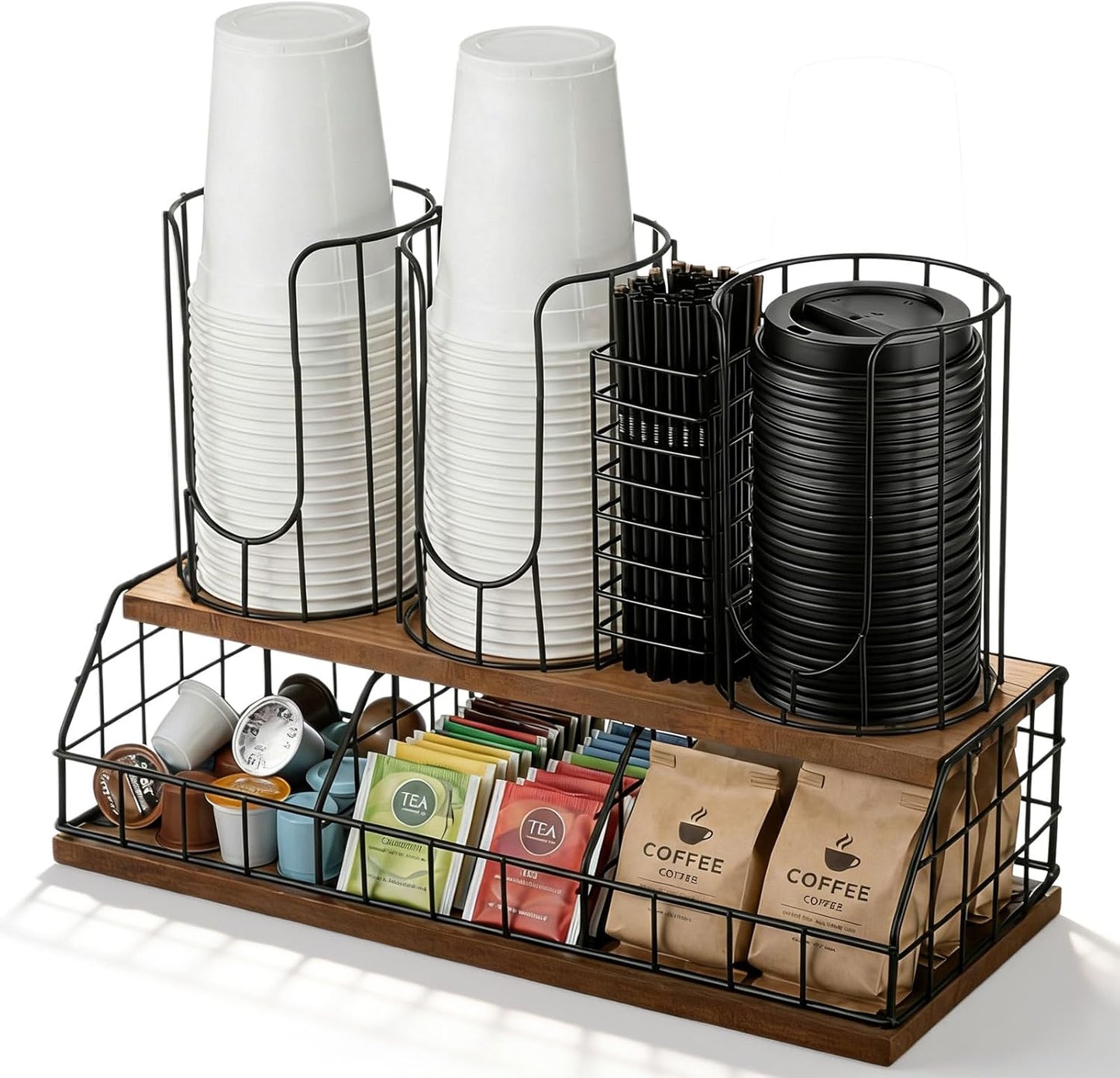 Geelin 18oz Adjustable Coffee Cup Dispenser with Wooden Base, Cup and Lid Holder, Cups Holder Organizer for Coffee Pod Straw and Lid Storage(2-compartment Single,Color 2)