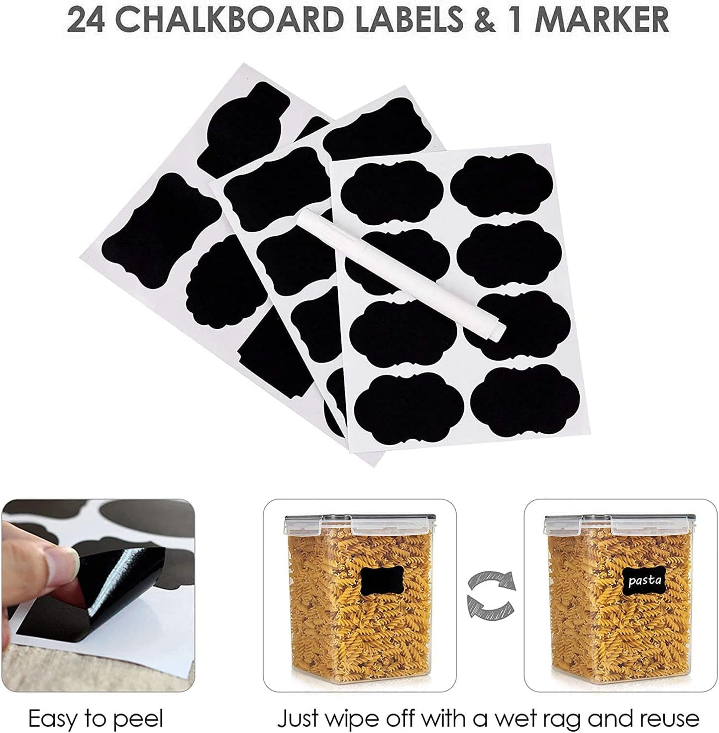 Vtopmart 4 PCS Large Food Storage Containers 5.2L / 175oz, 4 Pieces BPA Free Plastic Airtight Canisters for Flour, Sugar, Baking Supplies, Rice with Lids, 4 Measuring Cups and 24 Labels, Black