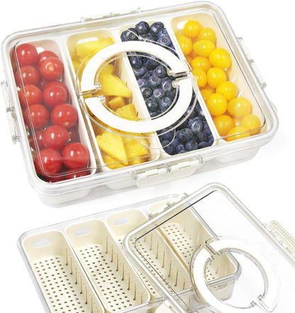 Divided Serving Tray with Lid, Snackle Box Container with Compartments, Snack Container with Handle, Veggie Tray, Fridge Fruit Storage - Keeping Fresh, Great for Party Entertaining Picnic