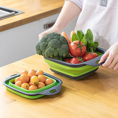 Square Collapsible Colander Set,Save Storage Space Collapsible Colander Strainer with Handle,for Kitchen and Travel Use (Green)
