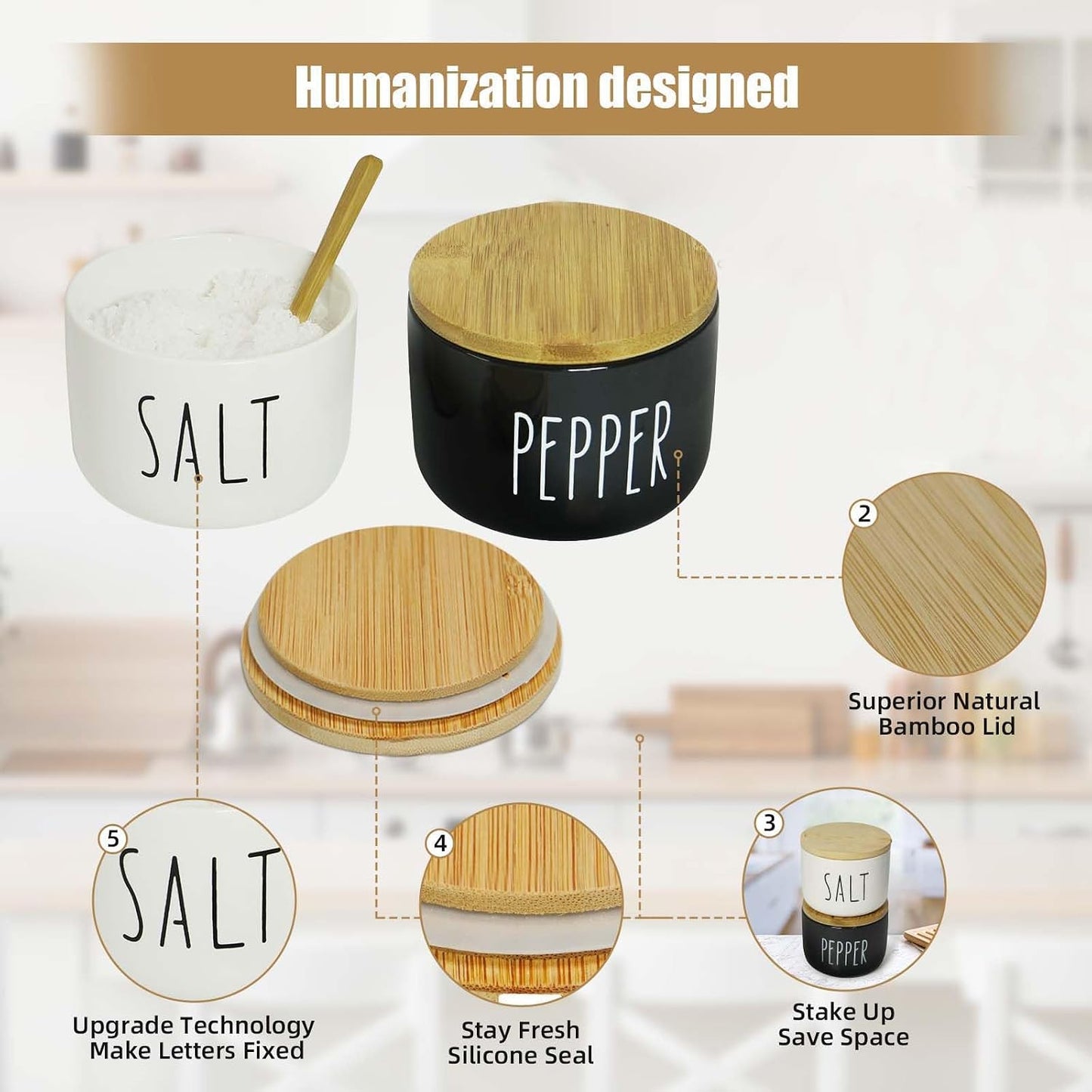Farmhouse Salt And Pepper Containers,Salt Containers For Countertop,Stacked Ceramic Cellar With Bamboo Lid, Spice Box With Spoon,Seasoning Holder with lid,Ceramic Bowls (B&W H)