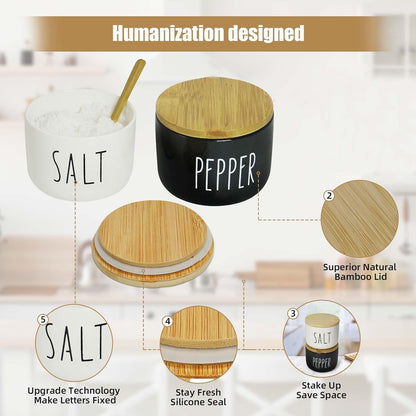 Farmhouse Salt And Pepper Containers,Salt Containers For Countertop,Stacked Ceramic Cellar With Bamboo Lid, Spice Box With Spoon,Seasoning Holder with lid,Ceramic Bowls (B&W H)