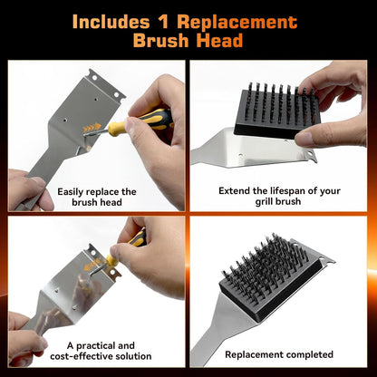 BBQ Grill Brush and Scraper, Heavy Duty Grill Cleaner with Stainless Steel Handle, Replacement Brush Head Included, Grill Cleaning Brush for Gas, Charcoal & Smoker Grill Grates （15 inch）
