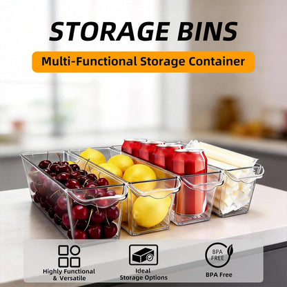 8 Pack Slim Storage Bins, BPA Free Clear Plastic Organizer Bins with Handles, Narrow Refrigerator & Pantry Organization Containers for Kitchen, Bathroom, Cabinet, Home & Office Declutter