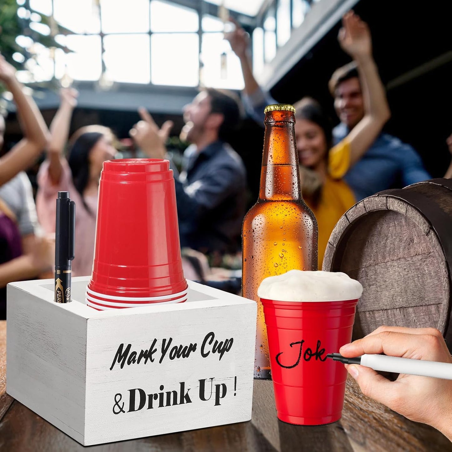 Wooden Cup Holder - Party Cup Holder with Marker Slot, Cup Holder for Party and Wedding, Rustic Disposable for Bar, Kitchen, Countertop, Home & Office, White