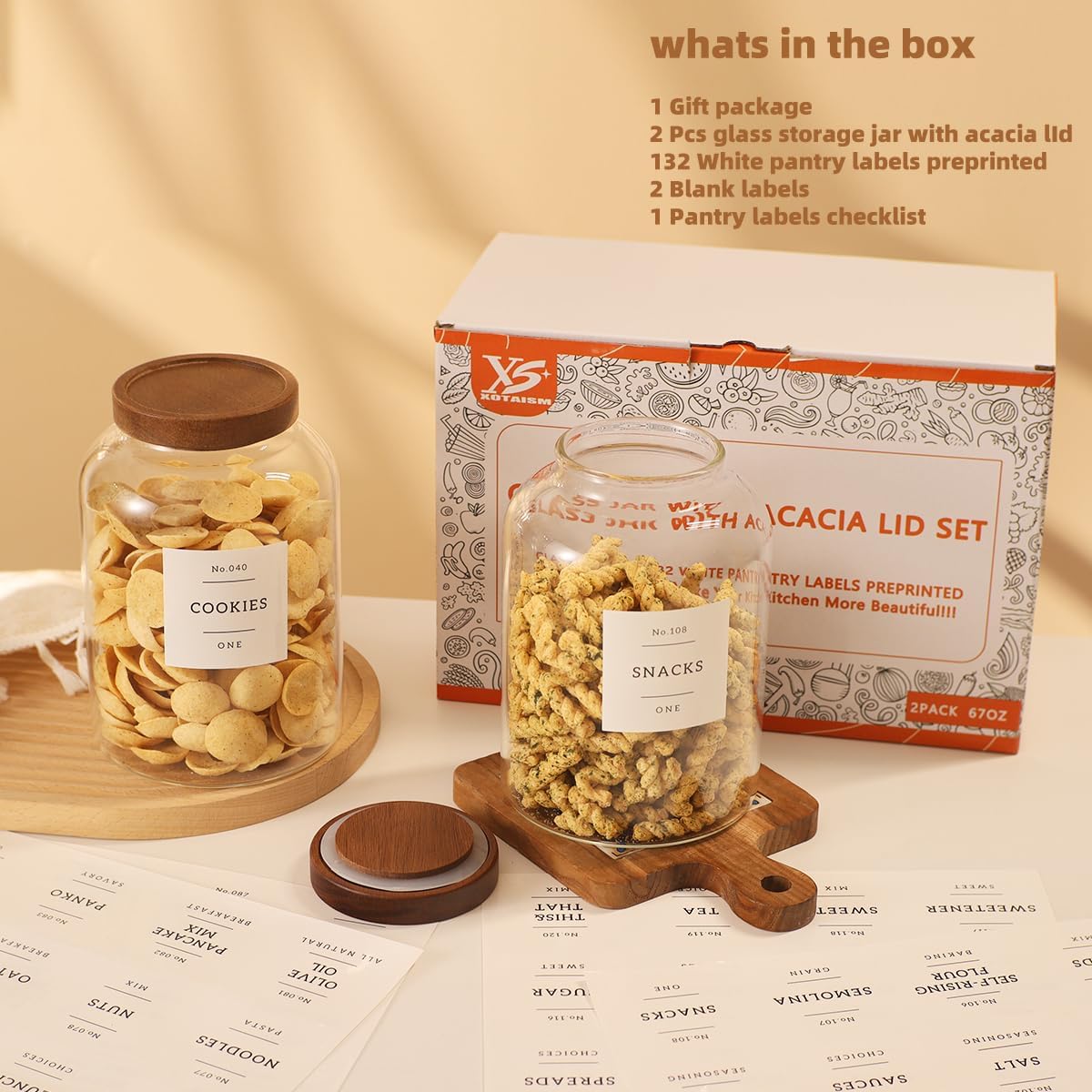 2 Pack Large Glass Flour and Sugar Storage Containers with Airtight Acacia Wood Lids and 132 Kitchen Pantey Labels Preprint - 1 Gallon Borosilicate Glass Canister Sets for Food,Pasta,Cookie,Rice