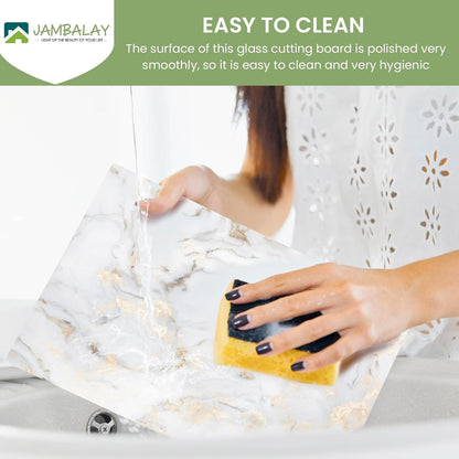 JAMBALAY Tempered Glass Cutting Boards for Kitchen, Gold 12"x8" & 16"x12" Glass Cutting Board Set with Marble Design, With Non Slip Foot, Shatter and Heat Resistant, Dishwasher Safe