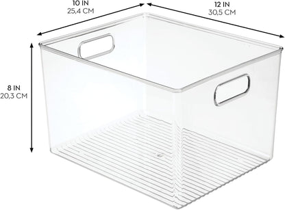 Linus Multi-Purpose Storage Bin with Handles for Kitchen, Pantry, Cabinet, Nursery, Crafts - 12" x 10" x 8", Clear