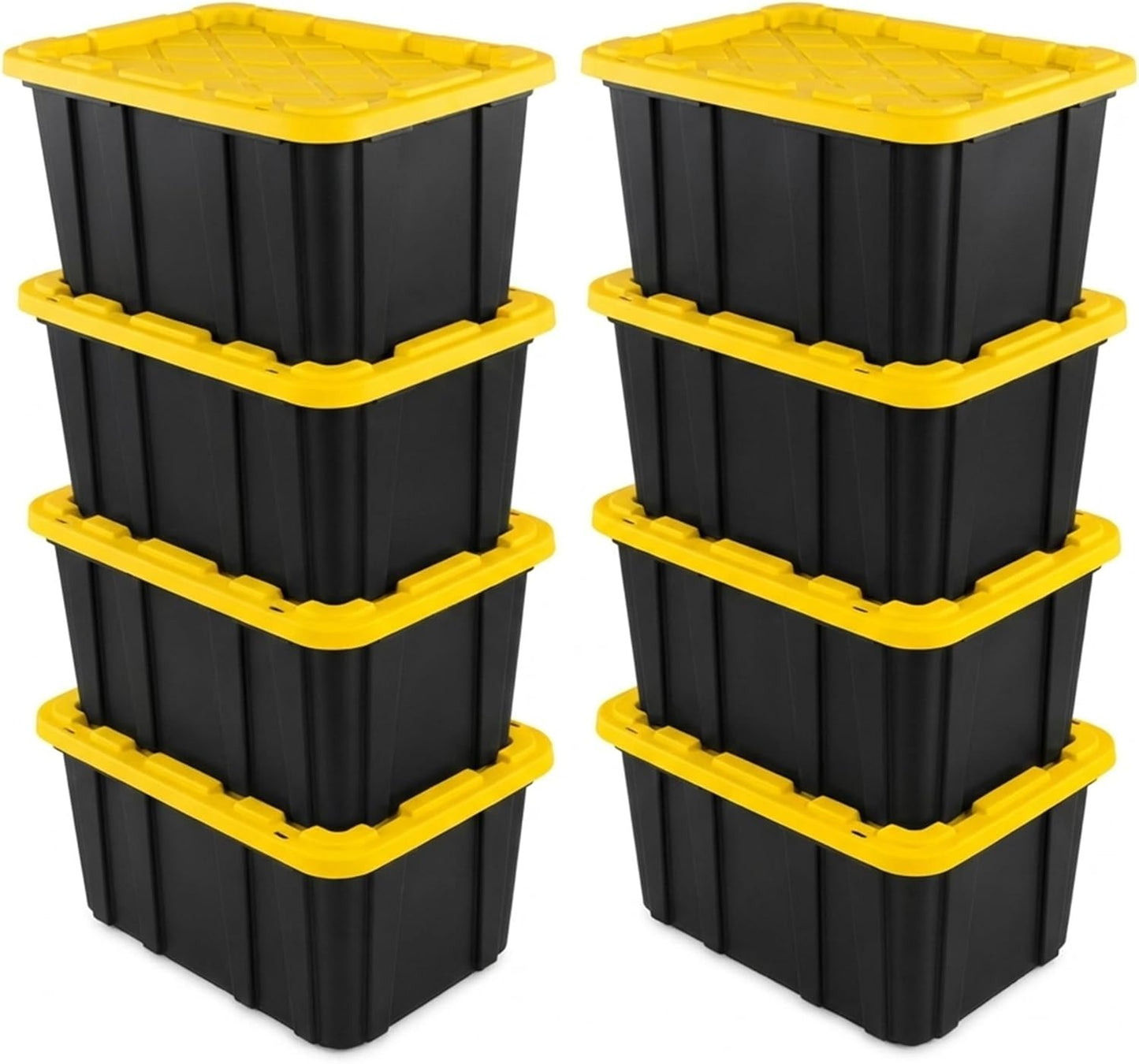 Sterilite 4-Pack 27 Gallon Industrial Storage Tote, Heavy-Duty Plastic Bins, Black/Yellow - Stackable Utility Organizers with Lids for Garage, Camping Tools, and Outdoor Gear