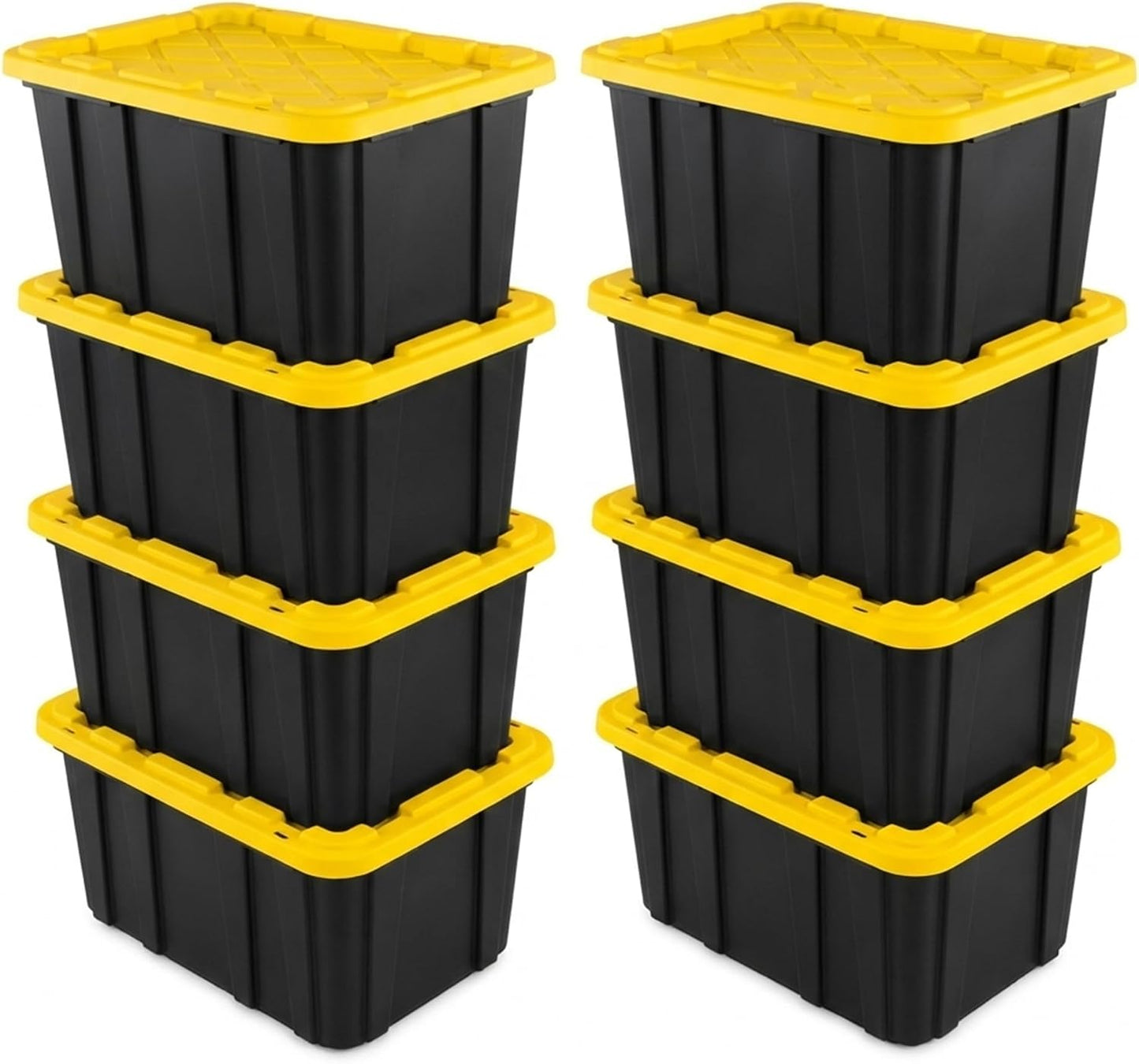 Sterilite 4-Pack 27 Gallon Industrial Storage Tote, Heavy-Duty Plastic Bins, Black/Yellow - Stackable Utility Organizers with Lids for Garage, Camping Tools, and Outdoor Gear
