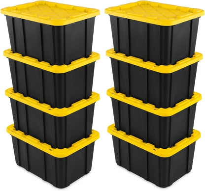 Sterilite 4-Pack 27 Gallon Industrial Storage Tote, Heavy-Duty Plastic Bins, Black/Yellow - Stackable Utility Organizers with Lids for Garage, Camping Tools, and Outdoor Gear