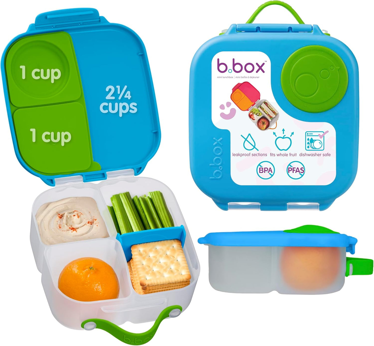 b.box Mini Lunch Box 2-Pack, Leak Proof Bento Box for Kids, 3 Compartment Snack Containers Ages 3+, Lunchbox for Daycare + School, Dishwasher Safe, BPA-Free, PFAS-Free, 4.25 Cup - Blue + Green