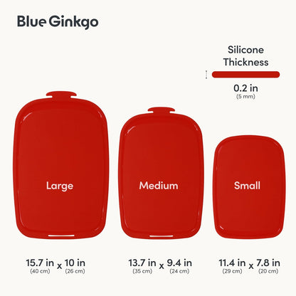 Blue Ginkgo Silicone Cutting Boards – Set of 3 (Small, Medium, Large) – Double-Sided, Thick, Flexible, Non-Slip, BPA Free – Juice Grooves, Dishwasher Safe (Made in Korea, Grey)