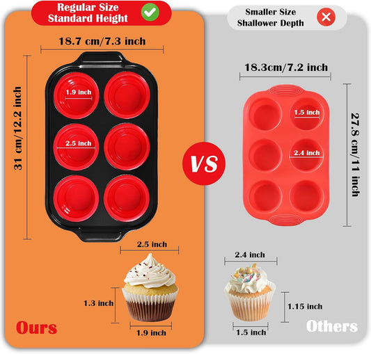 Silicone Muffin Pan for Baking, Non-stick 6 Cup Cupcake Pan with Reinforced Metal Frame, BPA Free, Dishwasher Safe, Oven Safe, Easy Release (Red)