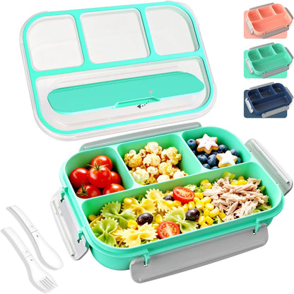 WHALEHOUSE Bento Lunch Box, 1300ML 4 Compartments Meal Prep Container with Utensil, Airtight Food Storage Container with Snap Locking Lids, Microwave/Dishwasher/Freezer Safe, On the Go