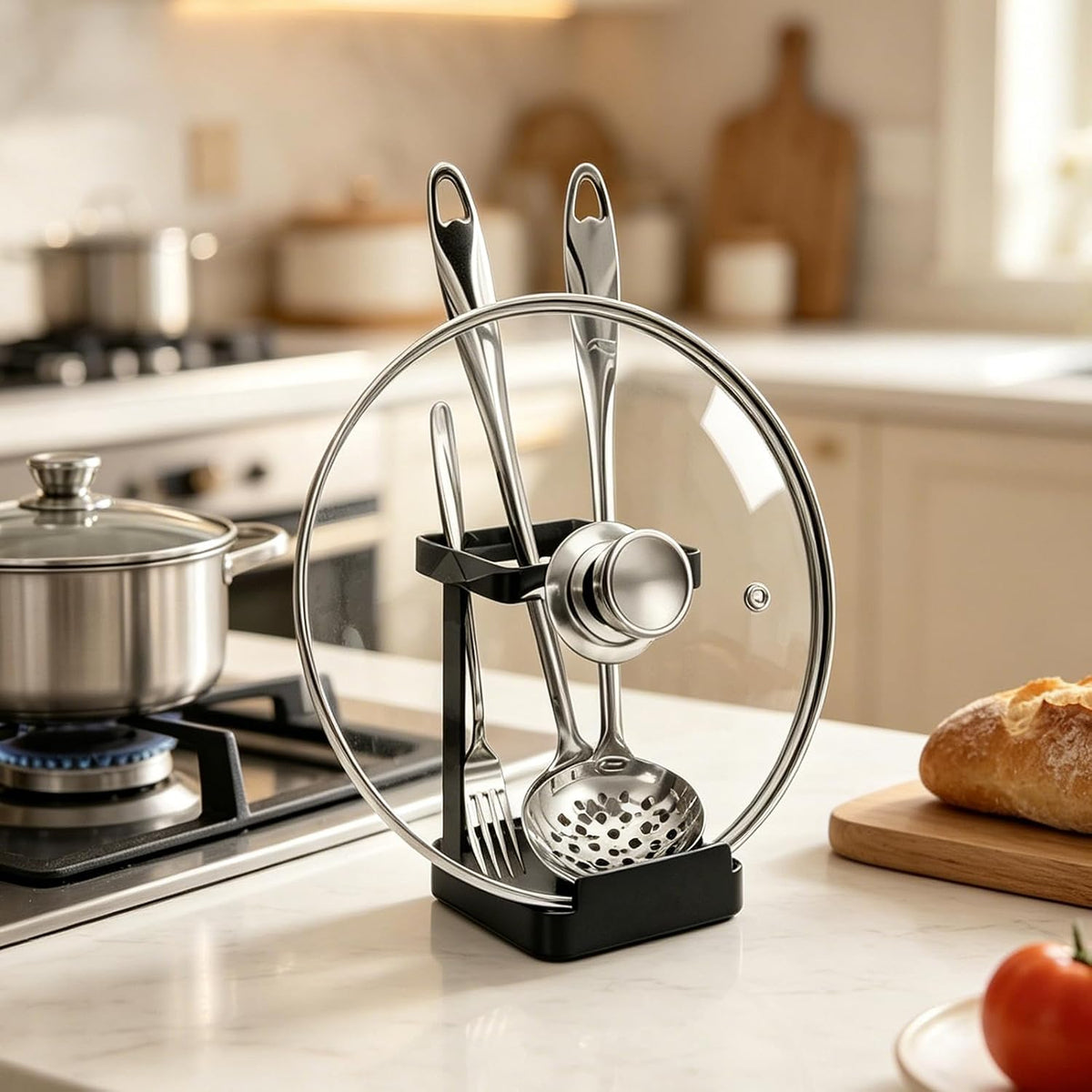 vocheer Pot Lid Holder, Stainless Steel Kitchen Organizer Rack Spoon Rest Rack Holder-Lid Stand for Utensils in Kitchen, Black