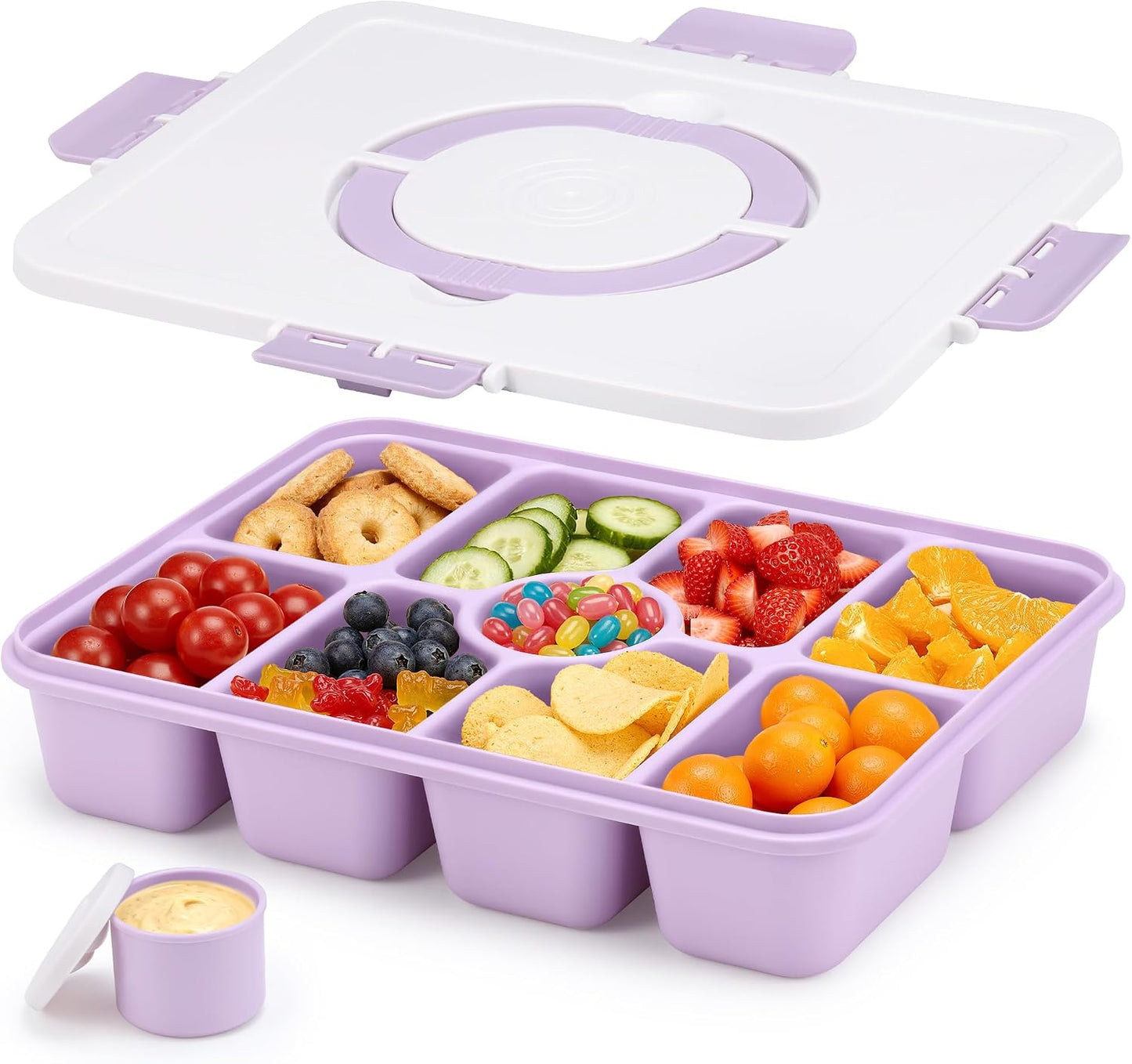 Snackle Box Container, Divided Serving Tray with Lid and Handle, 9 Compartments Snack Box Container for Adults, Portable Charcuterie Serving Platter for Candy Fruit, 9.9 Cups, White Grey