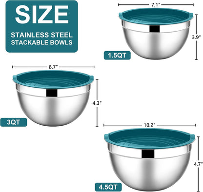 E-far Mixing Bowls With Lids Sets of 5, 10-Piece Stainless Steel Salad Metal Nesting Bowl for Baking Cooking and Prepping, Airtight Lid & Stackable Design, Size 4.6, 3, 2.1, 1.5, 0.7 QT, Black