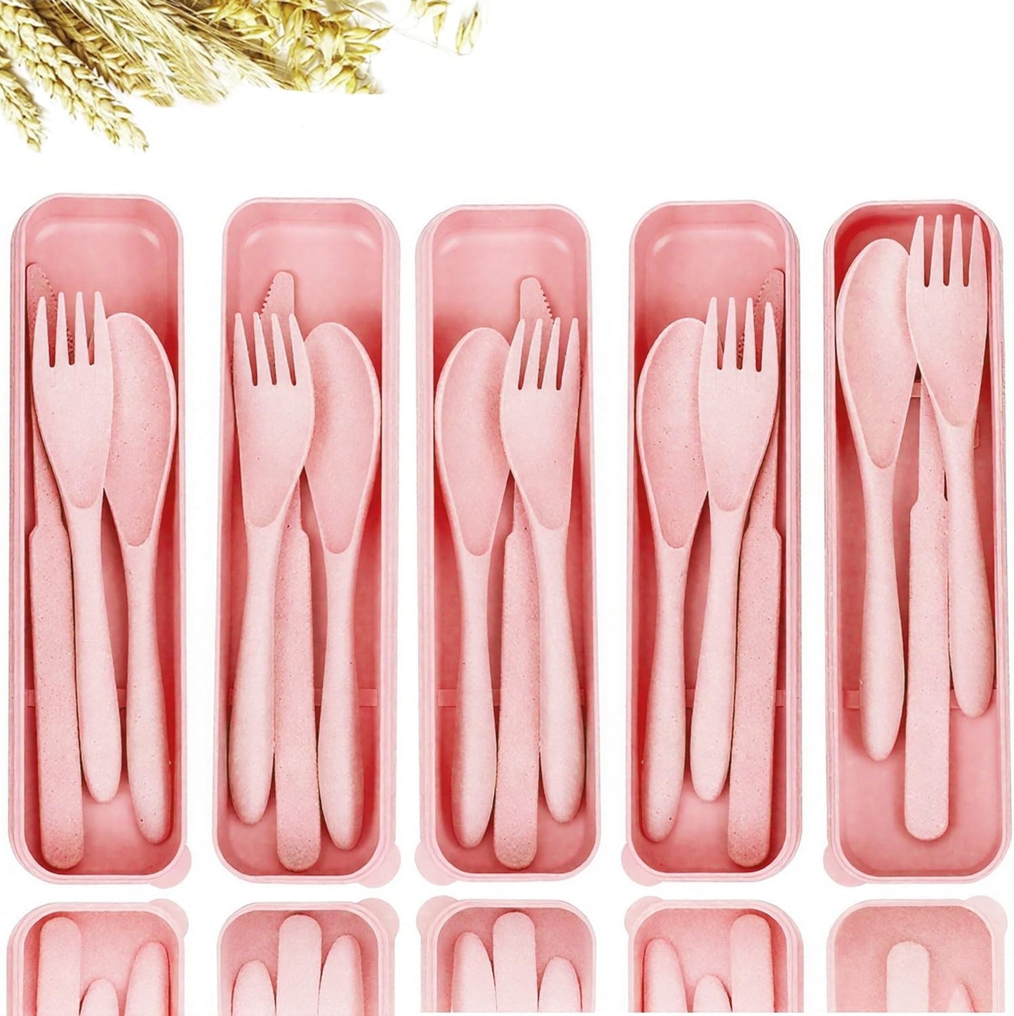 Travel Utensils Set - Reusable 5 Sets Wheat Straw Plastic Cutlery with Case, Portable Forks Spoons and Knives Set, Eco-Friendly BPA Free for Daily Use (5 Purple)