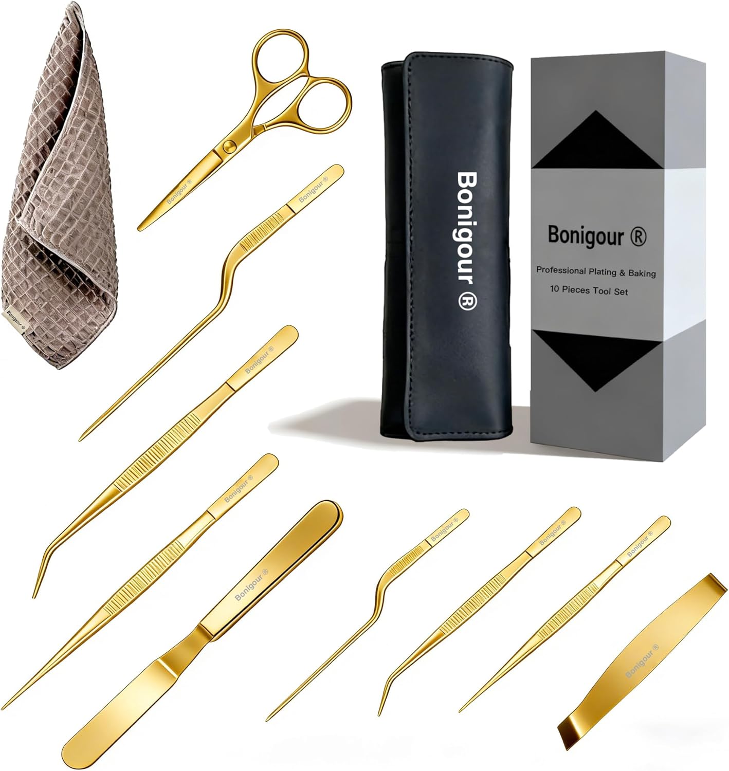 | Pastry Chef's Plating Tools Culinary Set | 10 Piece Professional Pastry Chef Plating Utensils | Spatula, Tweezers, Chef Scissors for Biscuit Decoration, Platig | Stainless Steel (Black)
