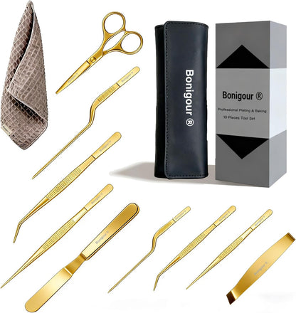| Pastry Chef's Plating Tools Culinary Set | 10 Piece Professional Pastry Chef Plating Utensils | Spatula, Tweezers, Chef Scissors for Biscuit Decoration, Platig | Stainless Steel (Black)