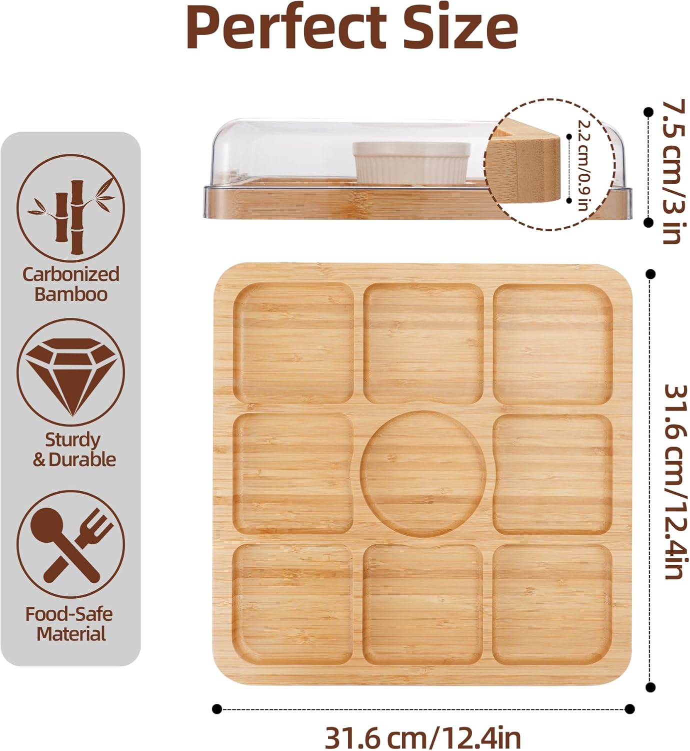 WILLKOMMEN Charcuterie Board with Lid- 5 Compartment Carbonized Bamboo Serving Tray with Locking Lid, Square Serving Platter Divided Serving Dishes for Party Cheese Snack Fruit