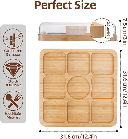 WILLKOMMEN Charcuterie Board with Lid- 5 Compartment Carbonized Bamboo Serving Tray with Locking Lid, Square Serving Platter Divided Serving Dishes for Party Cheese Snack Fruit