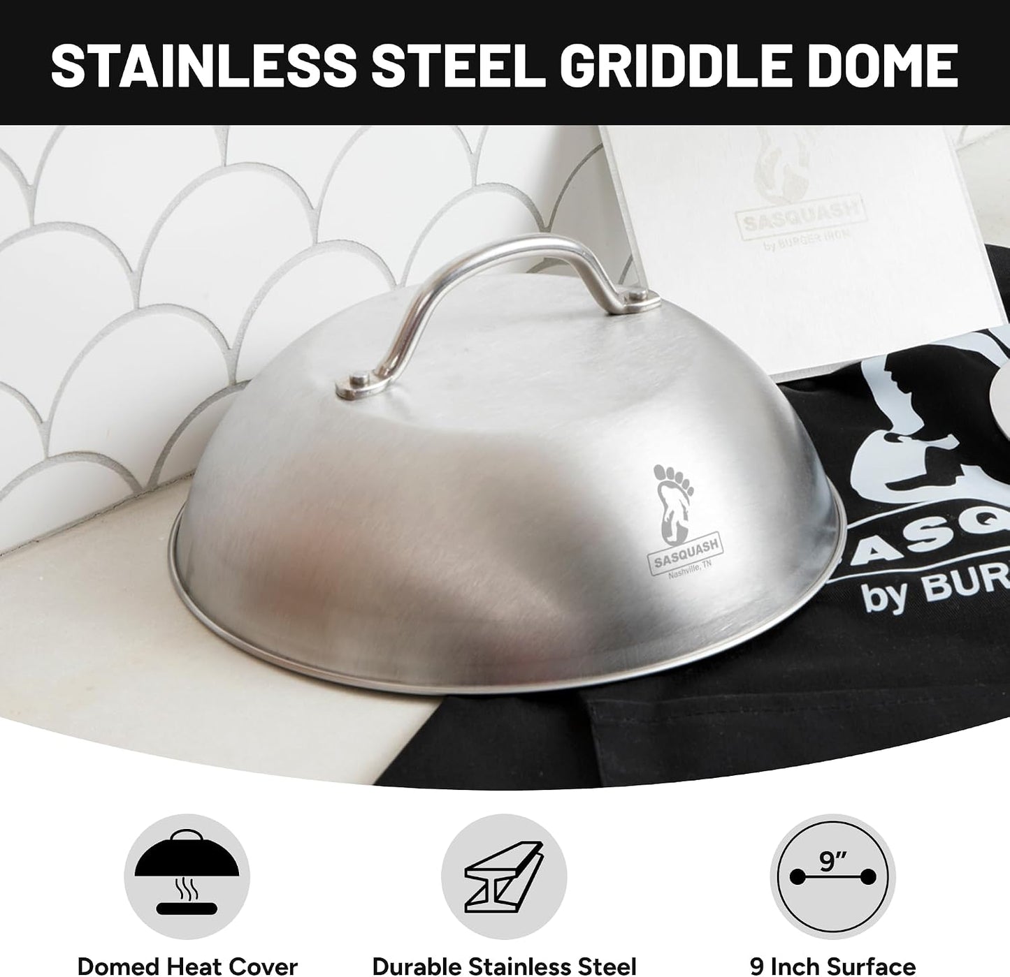 Sasquash Melting Dome For Griddle, 9 Inch Stainless Steel Cheese Melting Dome, Basting And Steaming Cover For Smash Burgers, Vegetables, Flat Top Grill Cooking, Grilling Accessories