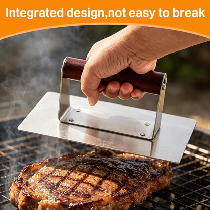 Stainless Steel Bacon Press with Heat Resistant Wood Handle, Heavy Duty Flat Meat Press for Griddle, Grill, Skillet, Prevent Bacon Curling, Perfect for Smash Burger, Sausage, Steak, Panini,8x4.2 inch