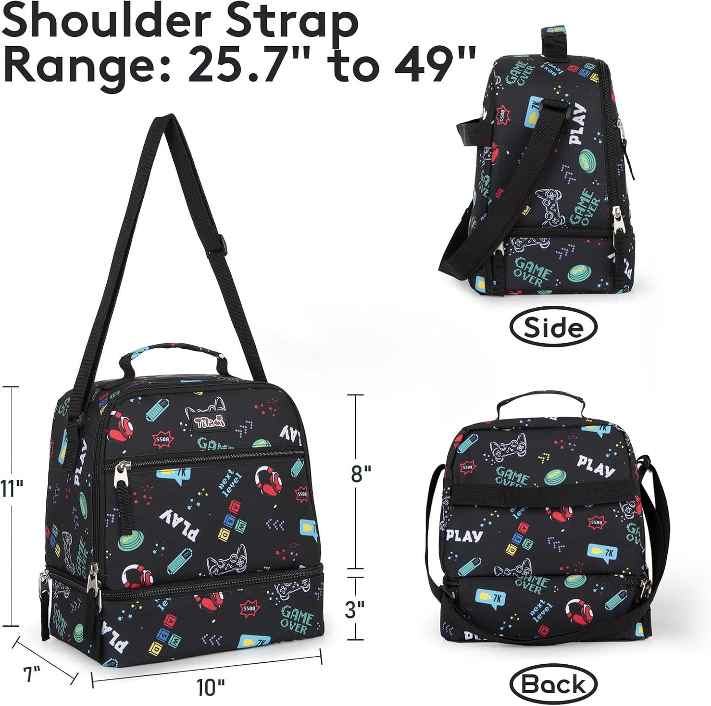 Tilami Lunch Bags Insulated Adjustable Strap Zipper, Two Compartments Cooler Bags, Bento Bags for Kids Toddlers (Blue)