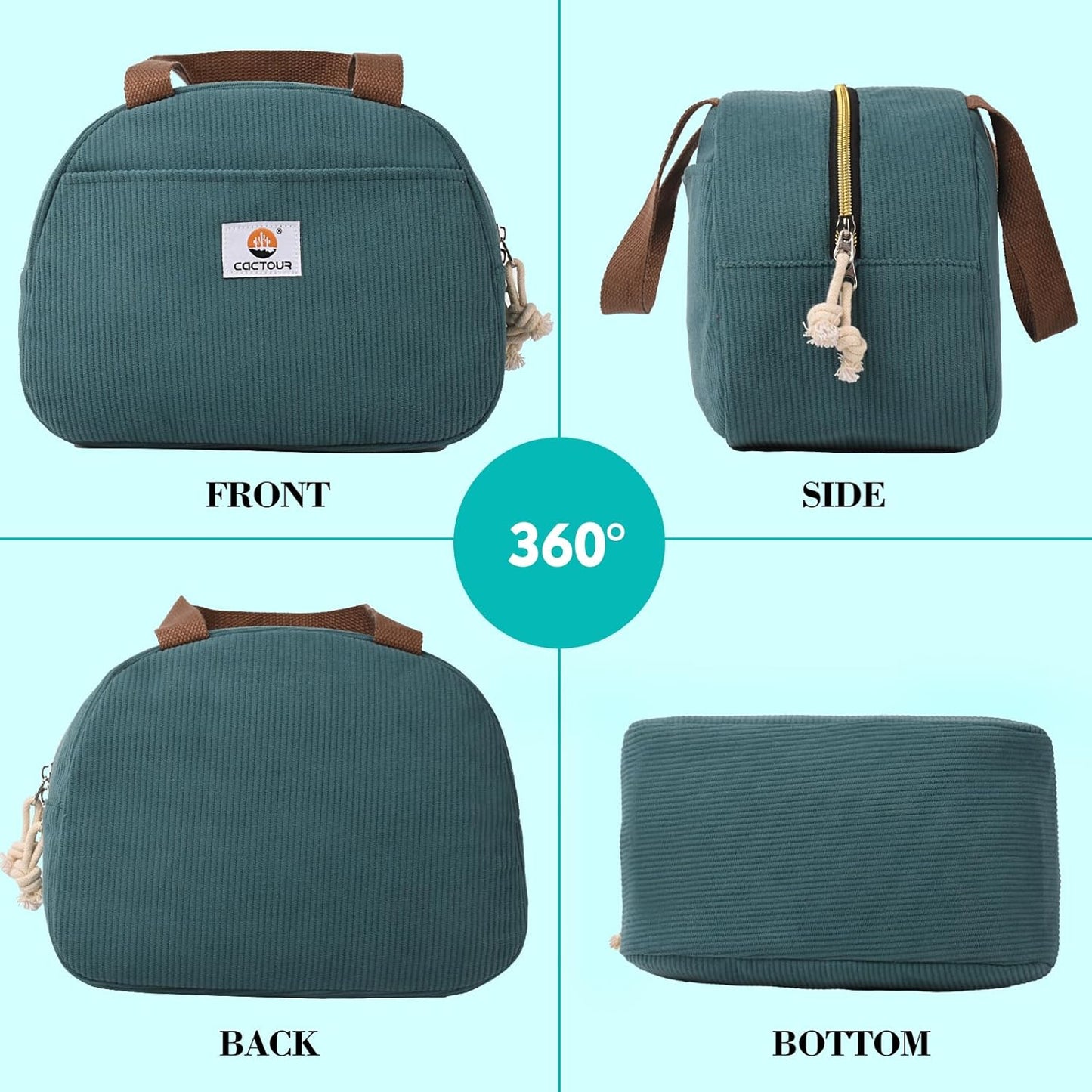 CaCTOUR Lunch Box for Women Girls Teens,Cute Lunch Box Cooler Bag, Portable Insulated Small Lunch Bag Women Reusable Corduroy Lunch Tote for Work/Travel/Picnic/School (Dog Green,Small)