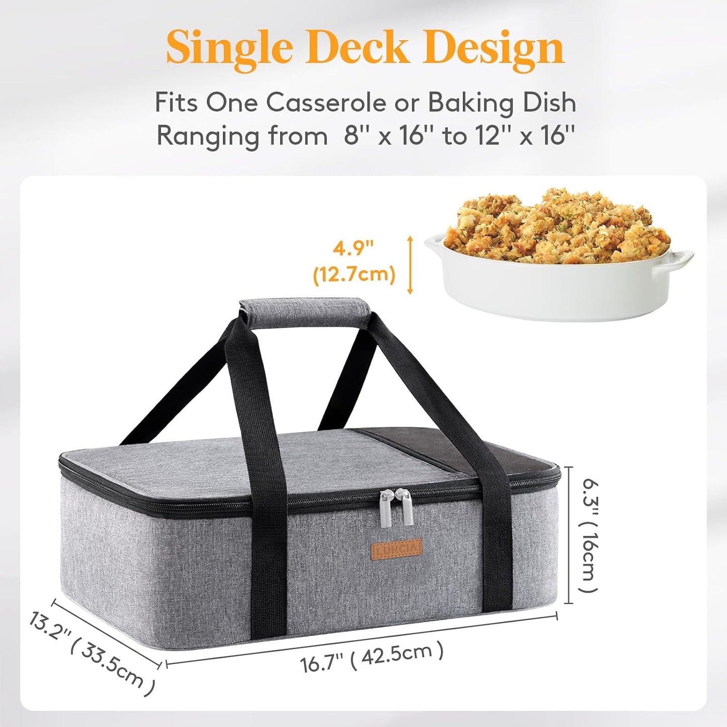 LUNCIA Insulated Single Decker Casserole Carrier, Lasagna Lugger Tote Keeps Food Hot or Cold, Thermal Lunch Bag for Potluck Parties, Picnic and Cookouts, Fits 9" x 13" Baking Dish, Black
