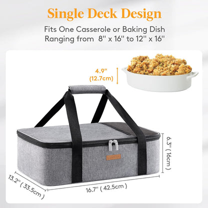 LUNCIA Insulated Single Decker Casserole Carrier, Lasagna Lugger Tote Keeps Food Hot or Cold, Thermal Lunch Bag for Potluck Parties, Picnic and Cookouts, Fits 9" x 13" Baking Dish, Black