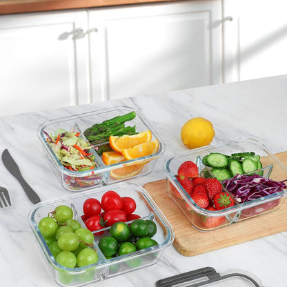 M MCIRCO 36 oz 3 Compartments Glass Meal Prep Containers set of 5 and 30Pcs Glass Food Storage Containers Set