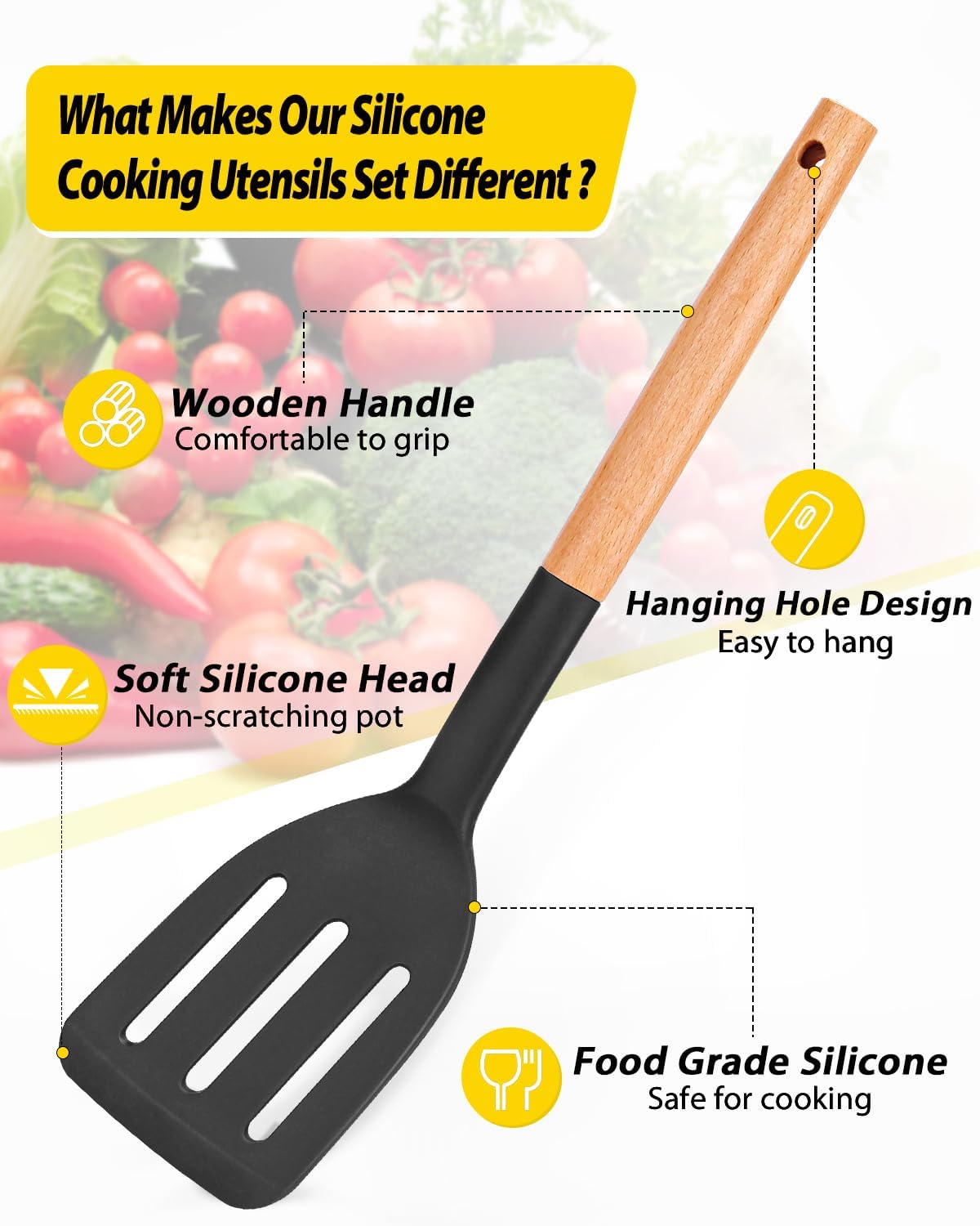 Pack of 4 Silicone Cooking Utensils Set, Non Stick Solid Spatulas and Heat Resistant Slotted Spoons with Wooden Handle, Ideal Wood Kitchen Utensils Set for Frying,Serving,Turning,Stirring (KHAKI)