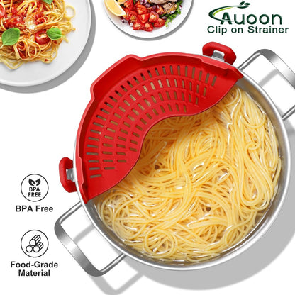 AUOON Clip On Strainer Silicone for All Pots and Pans, Pasta Strainer Clip on Food Strainer for Meat Vegetables Fruit Silicone Kitchen Colander