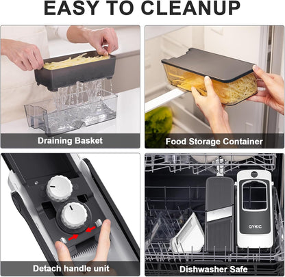 8 in 1 Mandoline Slicer for Kitchen, Vegetable Chopper, Potato Slicer, Fry Cutter Onion Chopper with Drain Basket Food Container with Lid, Stainless Steel Cheese Grater for Quick Meal Pre (Black)