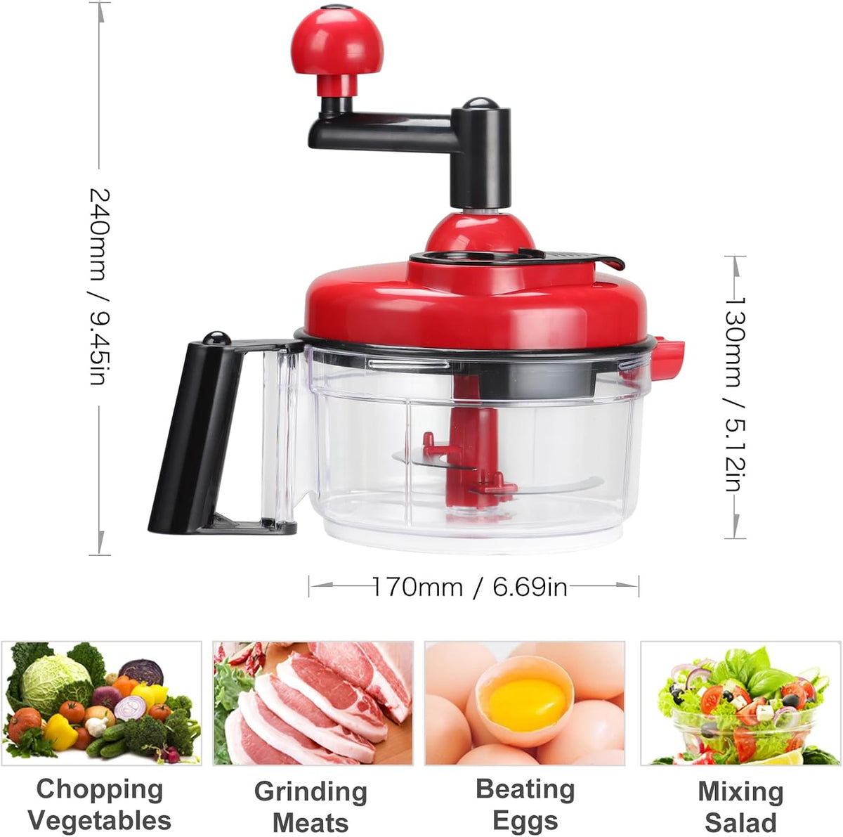 Cambom Manual Vegetable Cutter Food Processor 8 in 1 - Chopper, Mixer, Blender, Whipper, Egg Separator, Mincer, Grinder, Dicer with Clear Container 1200ml BPA Free