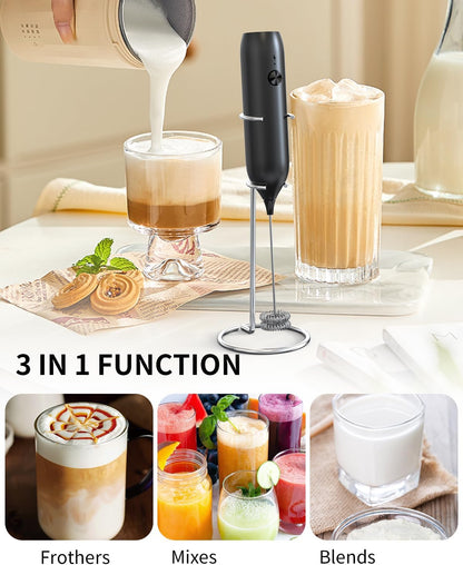 CIRCLE JOY Rechargeable Milk Frother Handheld with Stand, Dual Spring Whisk Head Electric Coffee Frother Foam Maker, Portable Drink Mixer for Cappuccino, Latte, Matcha, Black